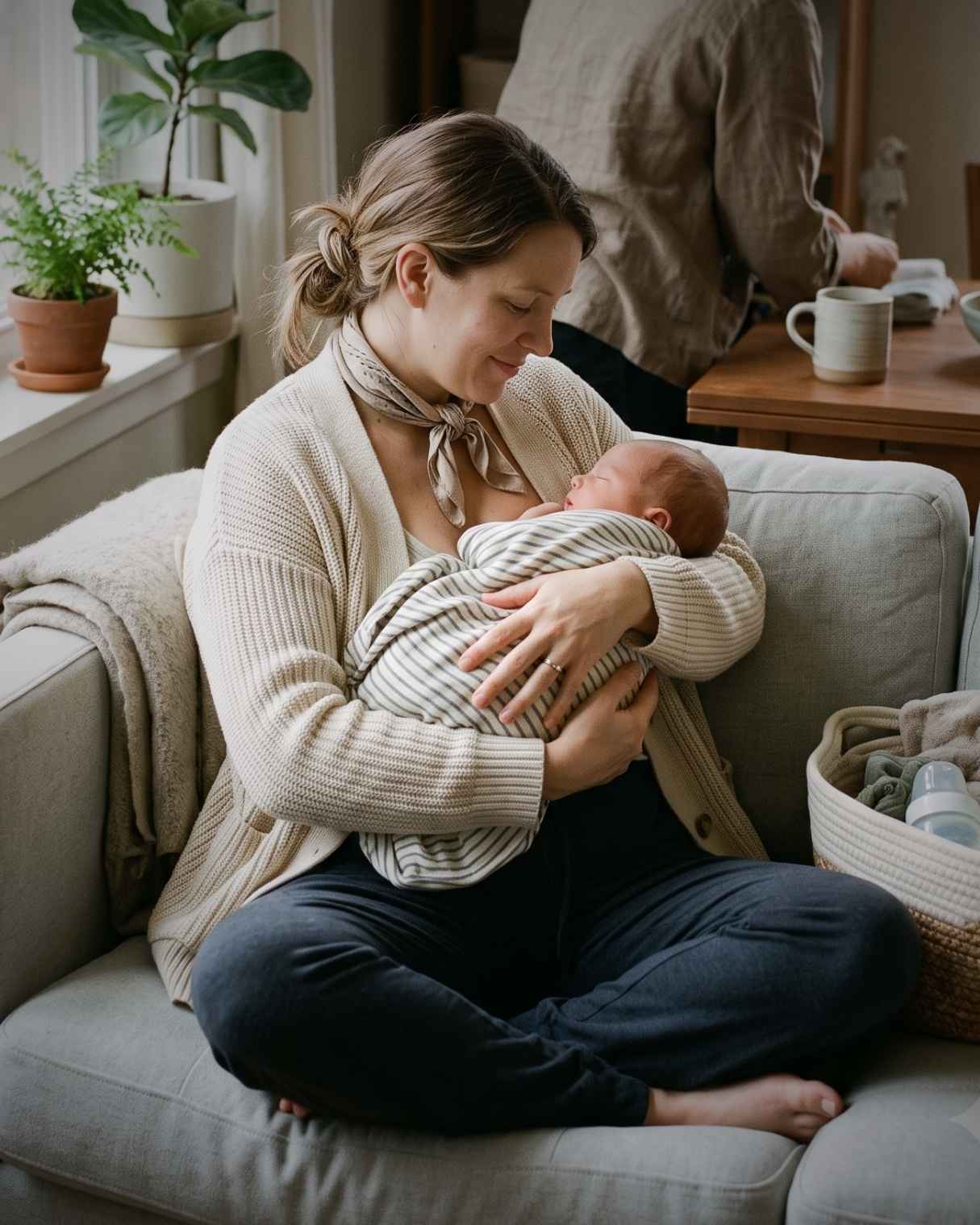 Mother and newborn peaceful bonding
